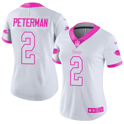 Nike Bills #2 Nathan Peterman White/Pink Women's Stitched NFL Limited Rush Fashion Jersey
